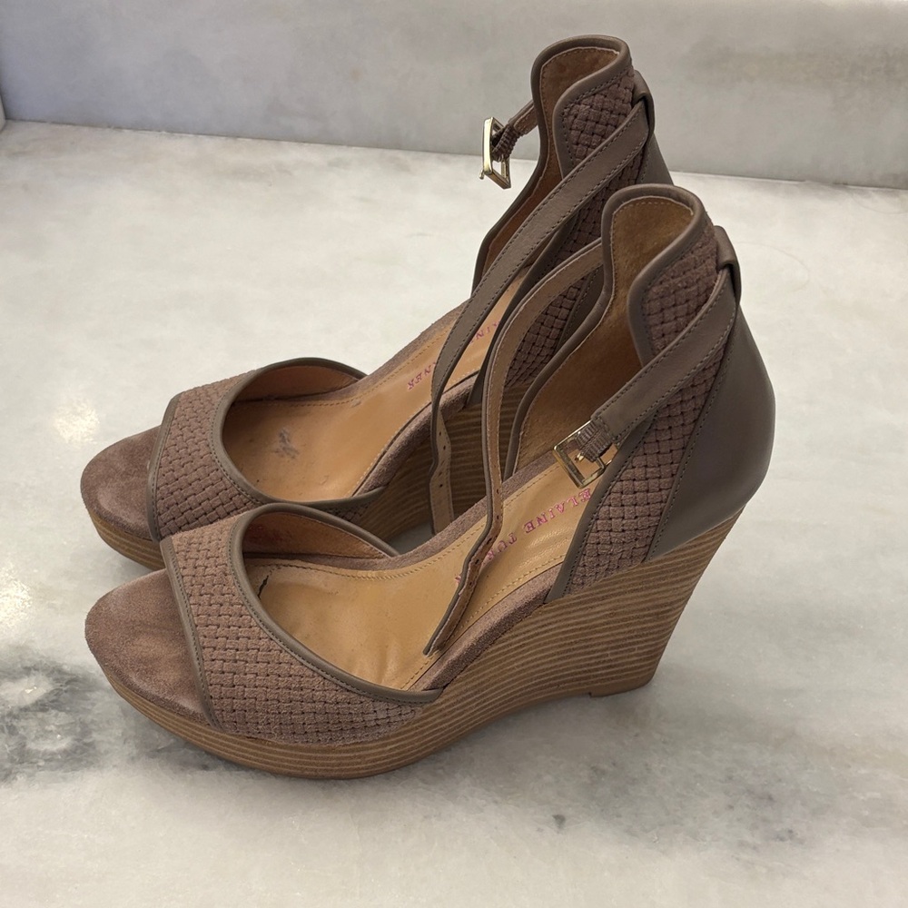 Elaine Turner Woven Taupe Suede Ankle Strap Wedges